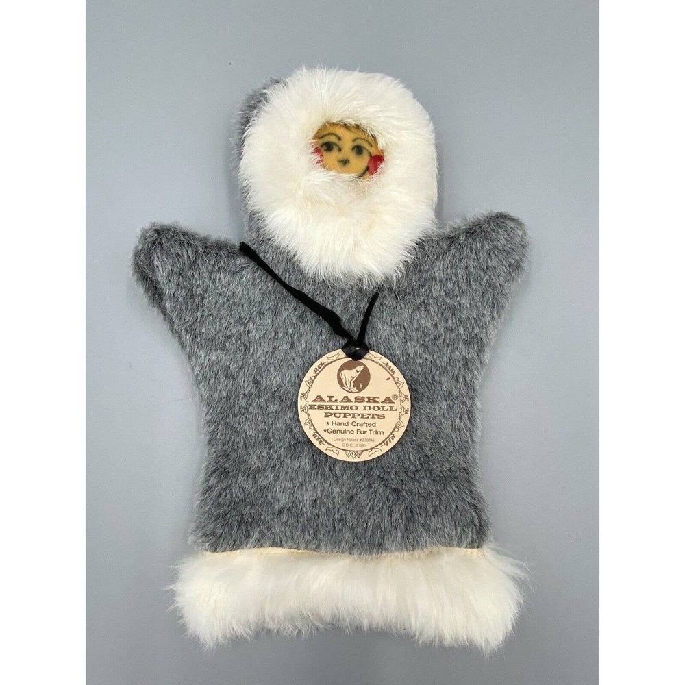 Vintage 12” Genuine Fur Alaska Eskimo Doll Hand Puppet 270744 Gray & White